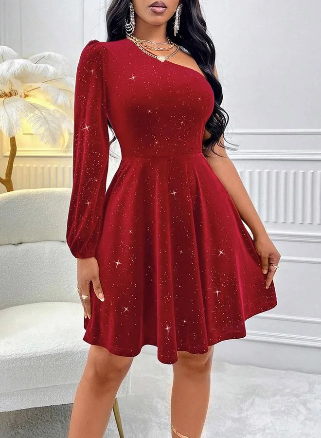 Take Two Women's Solid One Shoulder Pleated Detail Velvet Mini Dress