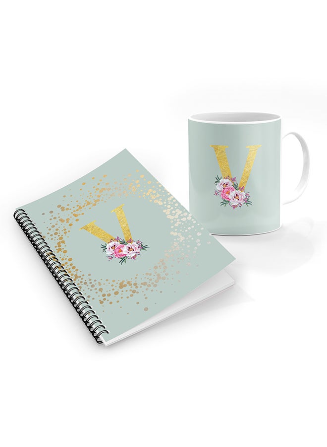 Stylizedd Printed Coffee Mug + A5 Spiral Notebook Memo Personalised Combo Gift Set -Custom Monogram Initial Letter Floral Pattern Alphabet - V  ( Light Green )