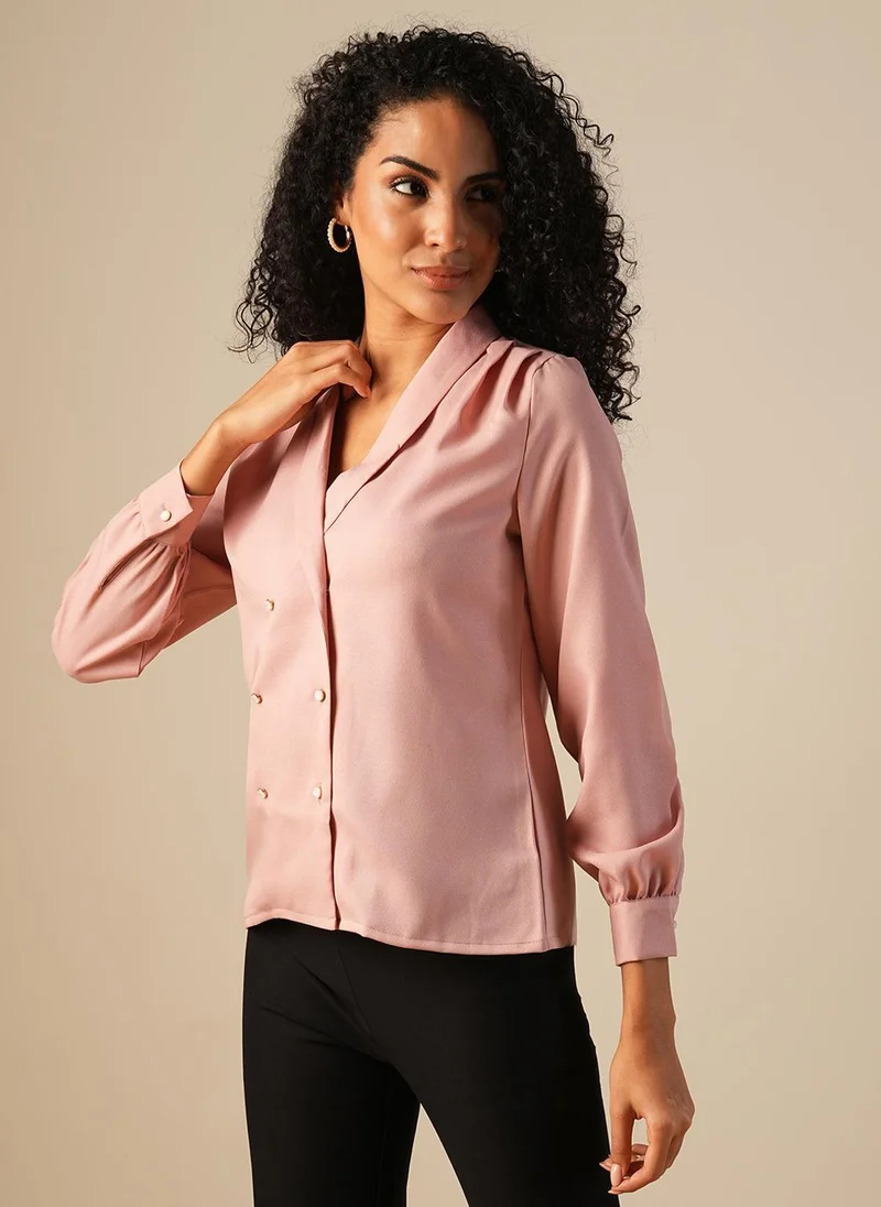 globus Globus Women Shawl Lapel Cuffed Sleeves Double Breasted Workwear Blazer Shirt