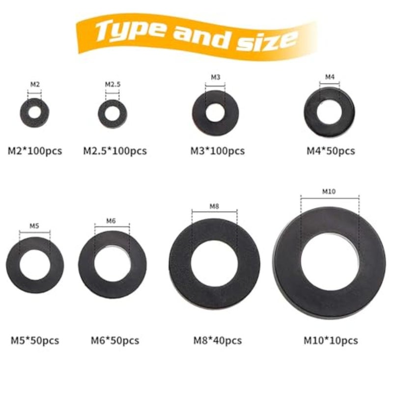 500Pcs Nylon Flat Washer Assortment Set, Washers Metric Sealing Spacer Gasket Ring Washers Set, 8 Sizes - M2, M2.5, M3, M4, M5, M6, M8, M10 Black - Image 2