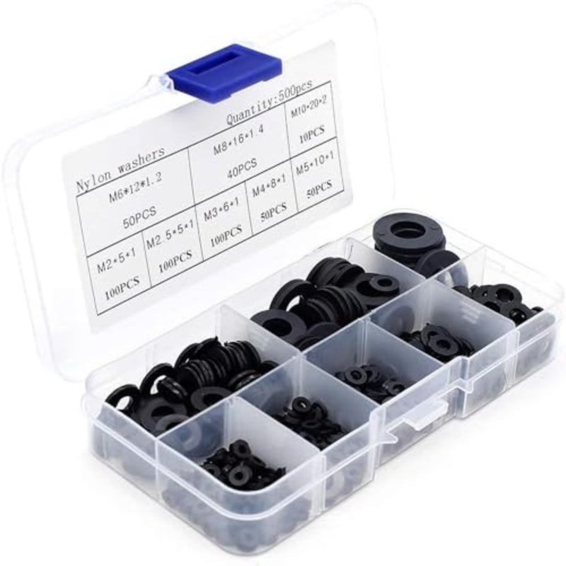 500Pcs Nylon Flat Washer Assortment Set, Washers Metric Sealing Spacer Gasket Ring Washers Set, 8 Sizes - M2, M2.5, M3, M4, M5, M6, M8, M10 Black - Image 1