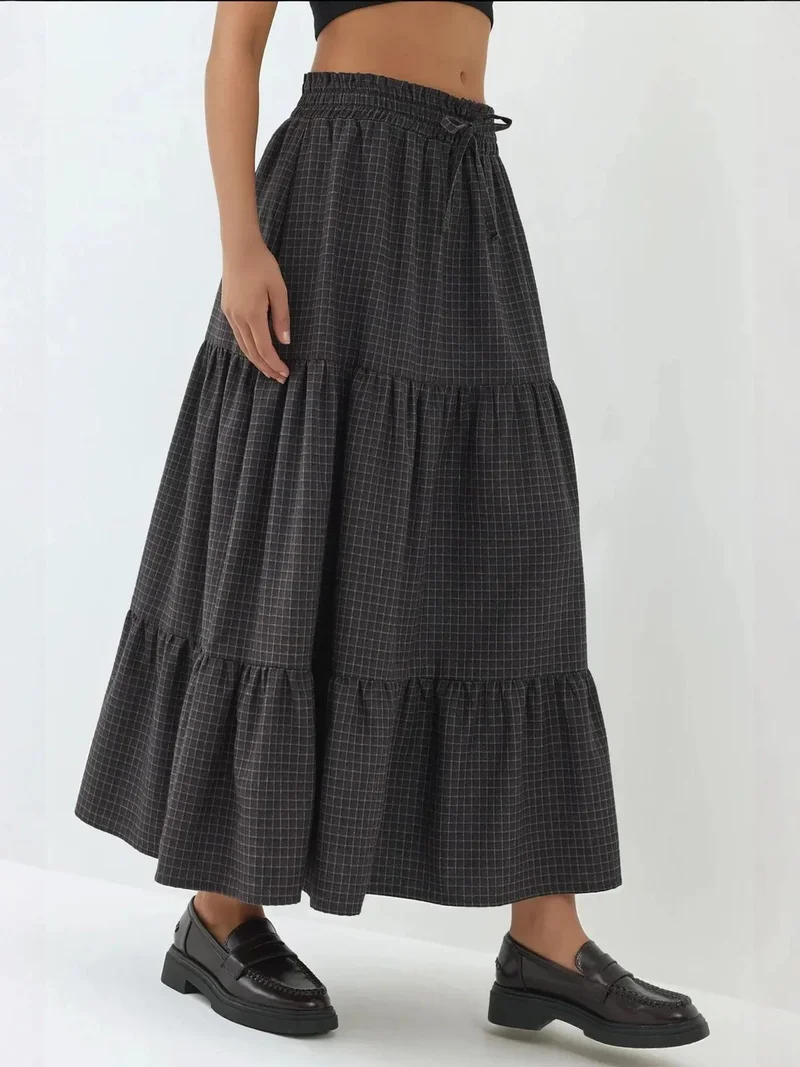 Elastic Waist Check Knotted Tiered Maxi Skirt