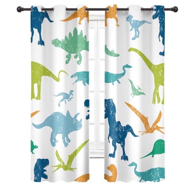BOYS DINOSAUR BLOCKOUT CURTAINS 29W X 63L INCH GROMMET 2 PANELS CARTOON DINO FOR KIDS BEDROOM DECOR CHILDREN NURSERY CUTE FUNNY COLORFUL SAFARI ANIMAL ART PRINTED LIVING ROOM WINDOW DRAPES