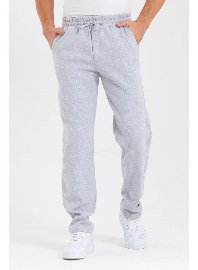 Gray Straight-Leg Men’s Cotton-Lined Sweatpants with Back Pocket and Label Detail