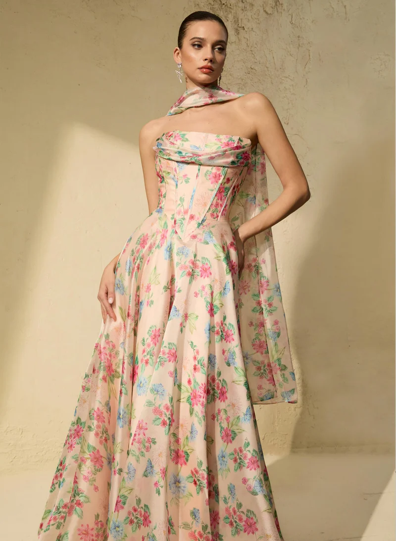 Sunfere  Most Beautiful Day Multi Floral Print Corset Maxi Dress for Women | Best Price UAE
