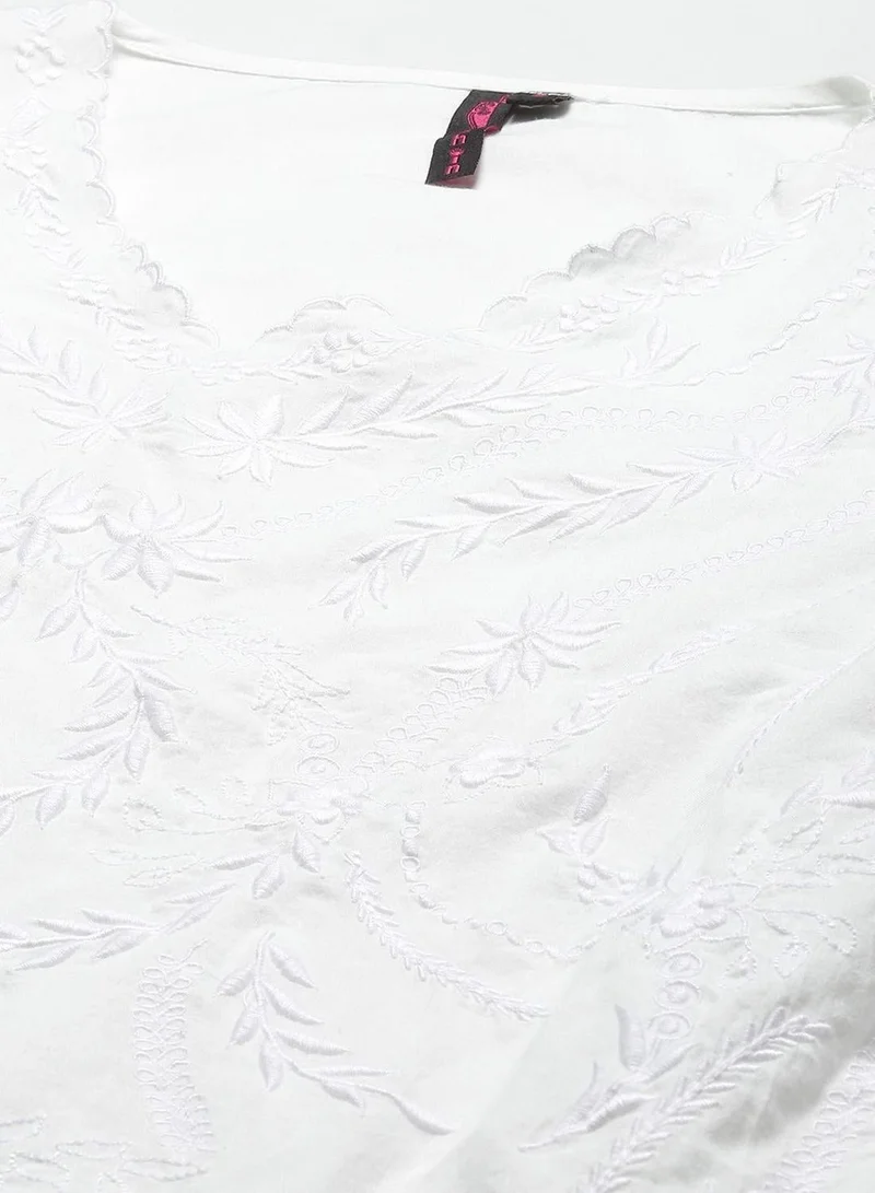 ISHIN Women'S White 100% Cotton Self Design Tunic A-Line Tops