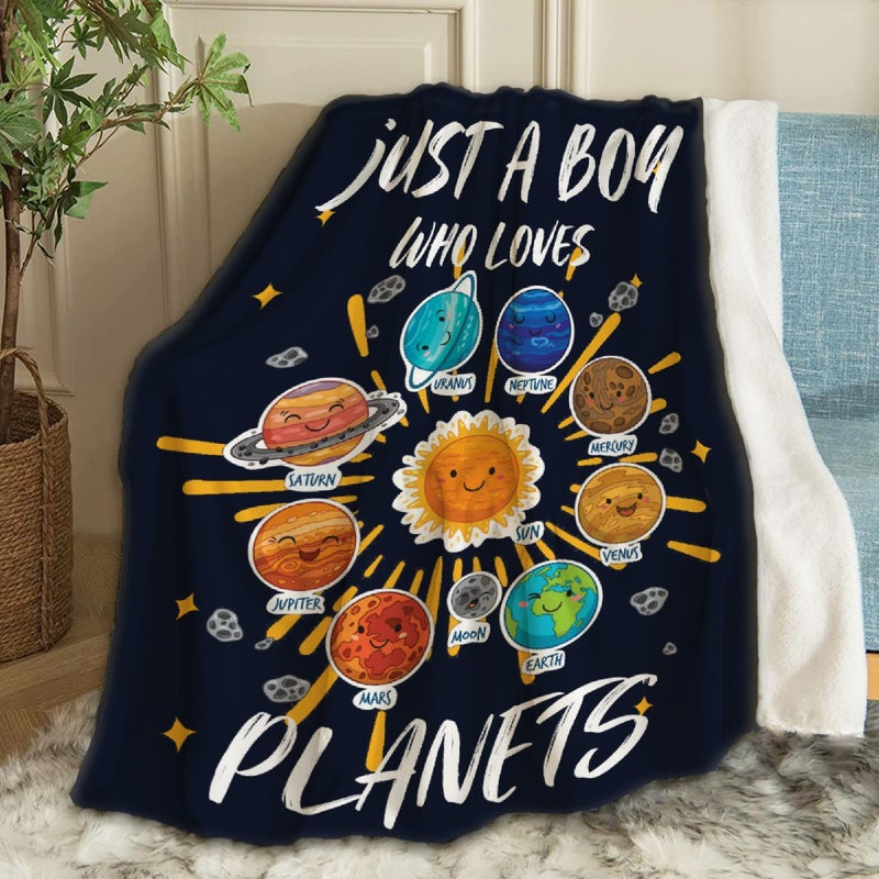 ARTBLANKET Just A Boy Who Loves Planets & Solar System Throw Blanket Fannel Fleece Super Soft Funny Blanket Travel Throw Blanket for Bed Couch Sofa 40 x 50 Inch for Kid - Image 1