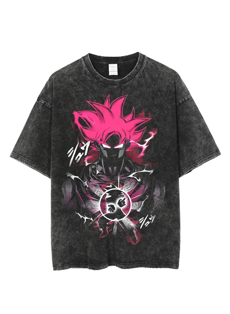 Washed Retro T-shirt Street Hip Hop Anime Dragon Ball Cartoon Print Casual Cotton Summer Short Sleeve - Image 1