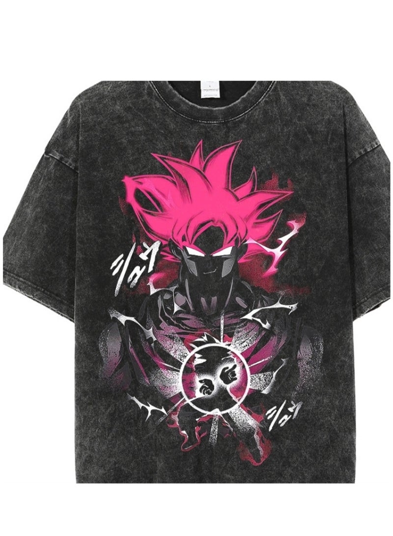 Washed Retro T-shirt Street Hip Hop Anime Dragon Ball Cartoon Print Casual Cotton Summer Short Sleeve - Image 4