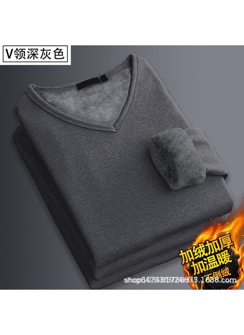 Mens Fleece-Lined Long Sleeve Warm T-Shirt Solid Color Round V-Neck Business Top For Spring And Autumn Motorcycle Base Layers V-neck-dark gray [focus on priority delivery]]