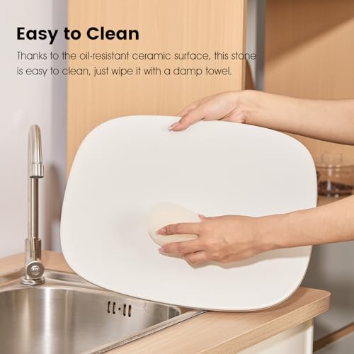 ROCKSHEAT Pizza Stone, 12" x 11" x 0.47" Ceramic Coating & Cordierite Pizza Stones for Oven Grill BBQ, Heavy Duty Non Stick Baking Stone for Pizza & Bread, Unique Shape Design Grilling Stone (White) - Image 4