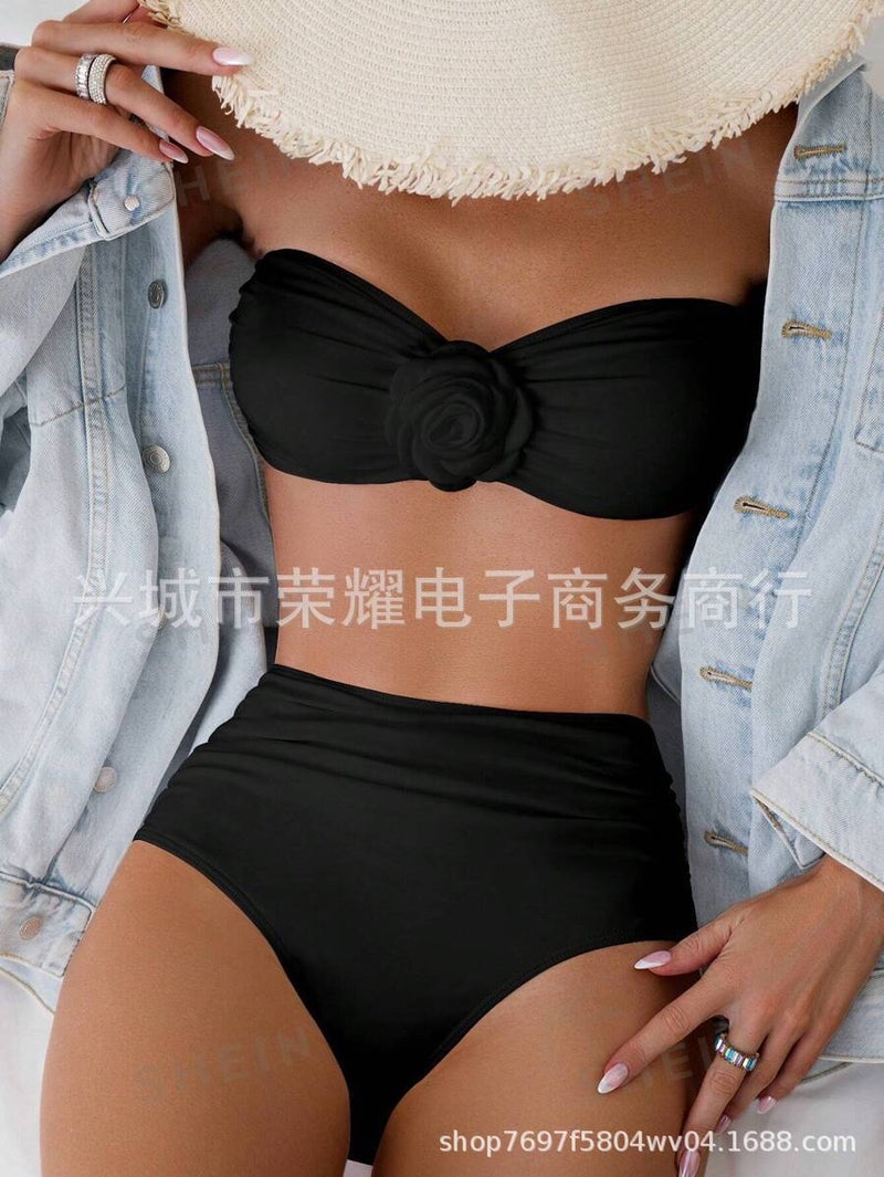 New Rose Tube Top Swimsuit Solid Color Split Swimsuit Bikini Bikini 2024 - Image 1