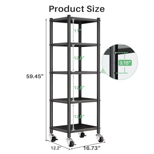 PXRACK 5-Tier Kitchen Storage Shelves, Adjustable Metal Shelves for Storage Pantry Shelves with Rolling Wheels, Storage Rack Shelving Unit Organizer for Bedroom Laundry Closet - Image 2