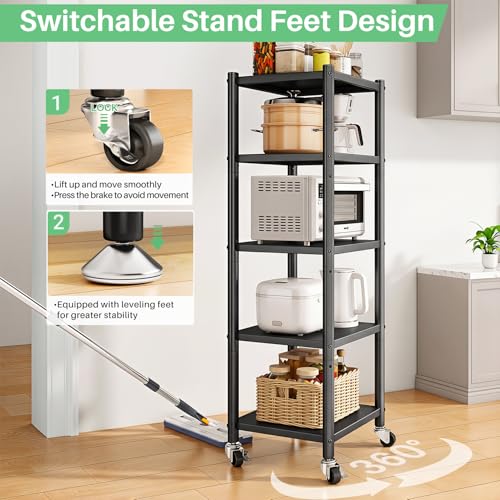 PXRACK 5-Tier Kitchen Storage Shelves, Adjustable Metal Shelves for Storage Pantry Shelves with Rolling Wheels, Storage Rack Shelving Unit Organizer for Bedroom Laundry Closet - Image 5