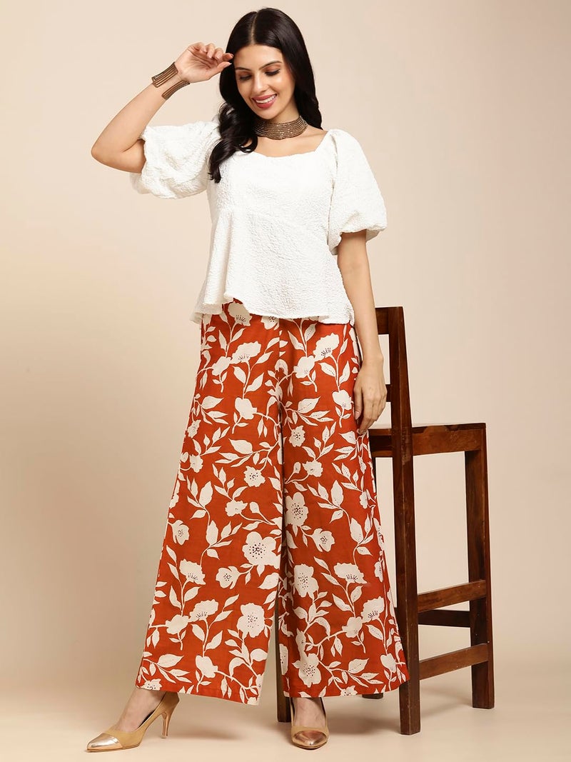 RATAN Women High Rise Cotton Printed Loose Fit Flared Wide Leg Palazzo Pants (CFP-Rust-Medium) - Image 2