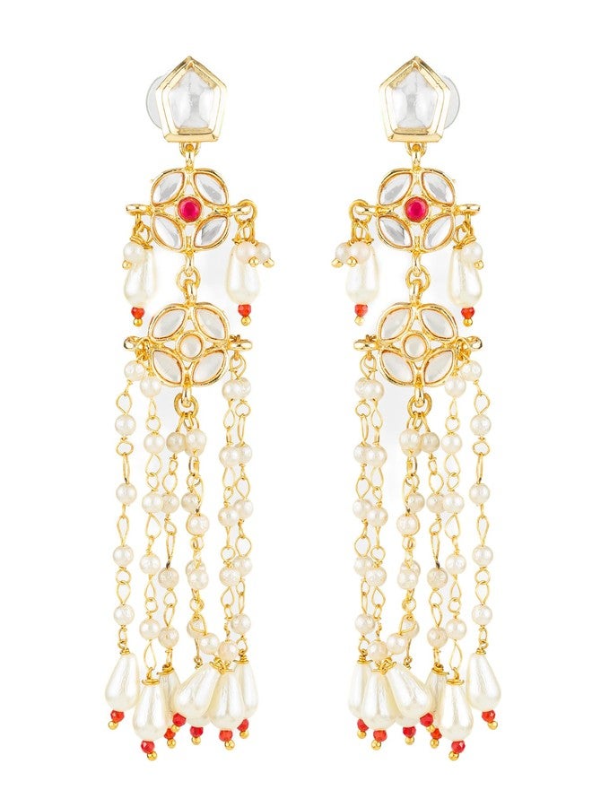 Bevogue Gold Plated White Kundan Long Pearl Dangler Earrings for Women and Girls | Designer Traditional Ethnic Bridal Jhumka Earrings | Elegant Lightweight Indian Jewellery (ER4120) - Image 1