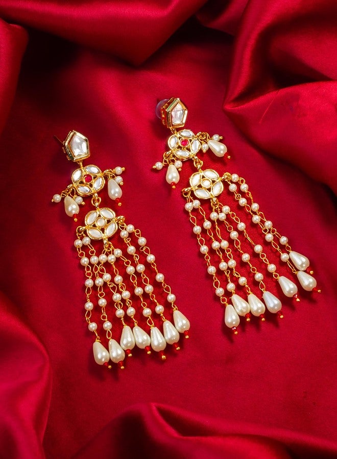 Bevogue Gold Plated White Kundan Long Pearl Dangler Earrings for Women and Girls | Designer Traditional Ethnic Bridal Jhumka Earrings | Elegant Lightweight Indian Jewellery (ER4120) - Image 2