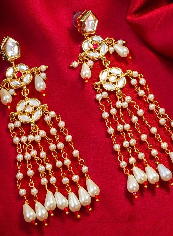 Bevogue Gold Plated White Kundan Long Pearl Dangler Earrings for Women and Girls | Designer Traditional Ethnic Bridal Jhumka Earrings | Elegant Lightweight Indian Jewellery (ER4120) - Image 3