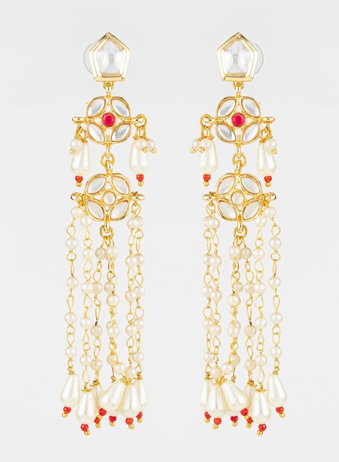 Bevogue Gold Plated White Kundan Long Pearl Dangler Earrings for Women and Girls | Designer Traditional Ethnic Bridal Jhumka Earrings | Elegant Lightweight Indian Jewellery (ER4120) - Image 4