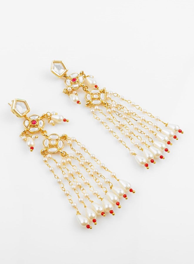 Bevogue Gold Plated White Kundan Long Pearl Dangler Earrings for Women and Girls | Designer Traditional Ethnic Bridal Jhumka Earrings | Elegant Lightweight Indian Jewellery (ER4120) - Image 5