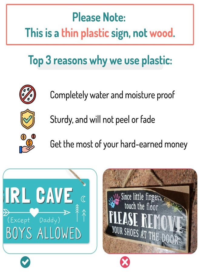Fun-Plus Girl Cave Sign, 12″x6″ PVC Plastic Wall Decoration Hanging Sign, High Precision Printing, Water Proof, Girls Only Room Decor, No Boys Allowed Except Daddy for Girls Bedroom - Image 3