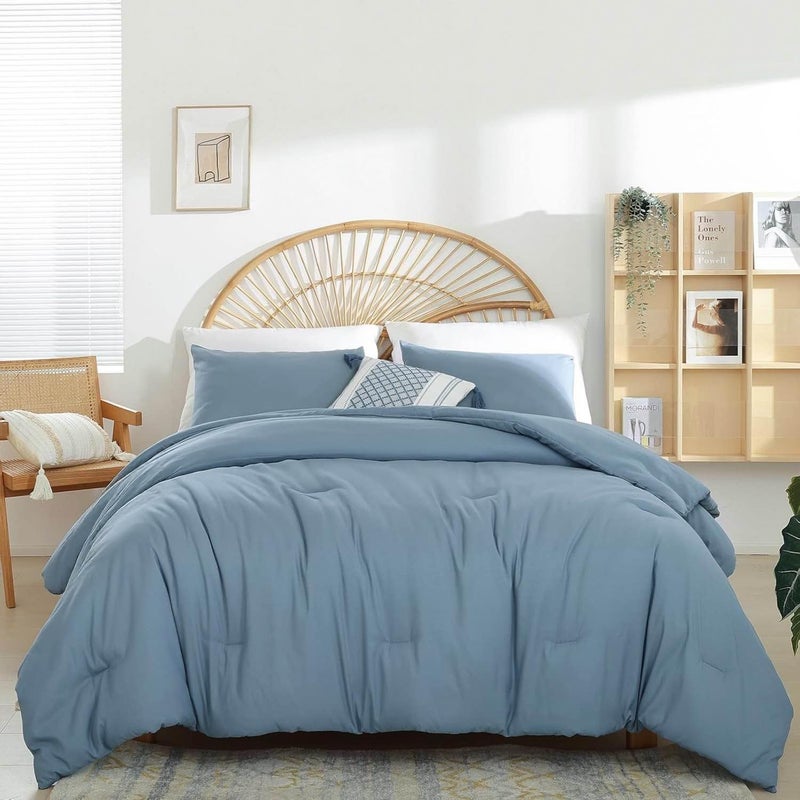 weigelia Dusty Blue Comforter Set King Size - 3 Pieces Lightweight Solid Grayish Blue Bedding Comforter Set - All Season Fluffy Microfiber Bed Set (1 Comforter, 2 Pillowcases) - Image 1