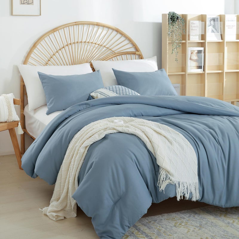 weigelia Dusty Blue Comforter Set King Size - 3 Pieces Lightweight Solid Grayish Blue Bedding Comforter Set - All Season Fluffy Microfiber Bed Set (1 Comforter, 2 Pillowcases) - Image 3