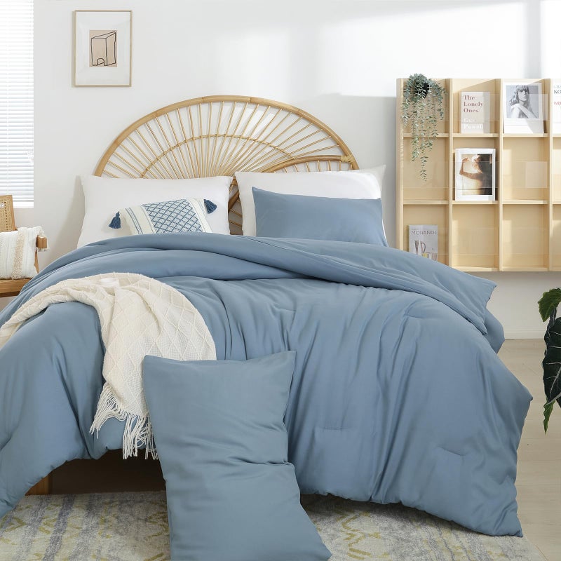weigelia Dusty Blue Comforter Set King Size - 3 Pieces Lightweight Solid Grayish Blue Bedding Comforter Set - All Season Fluffy Microfiber Bed Set (1 Comforter, 2 Pillowcases) - Image 4