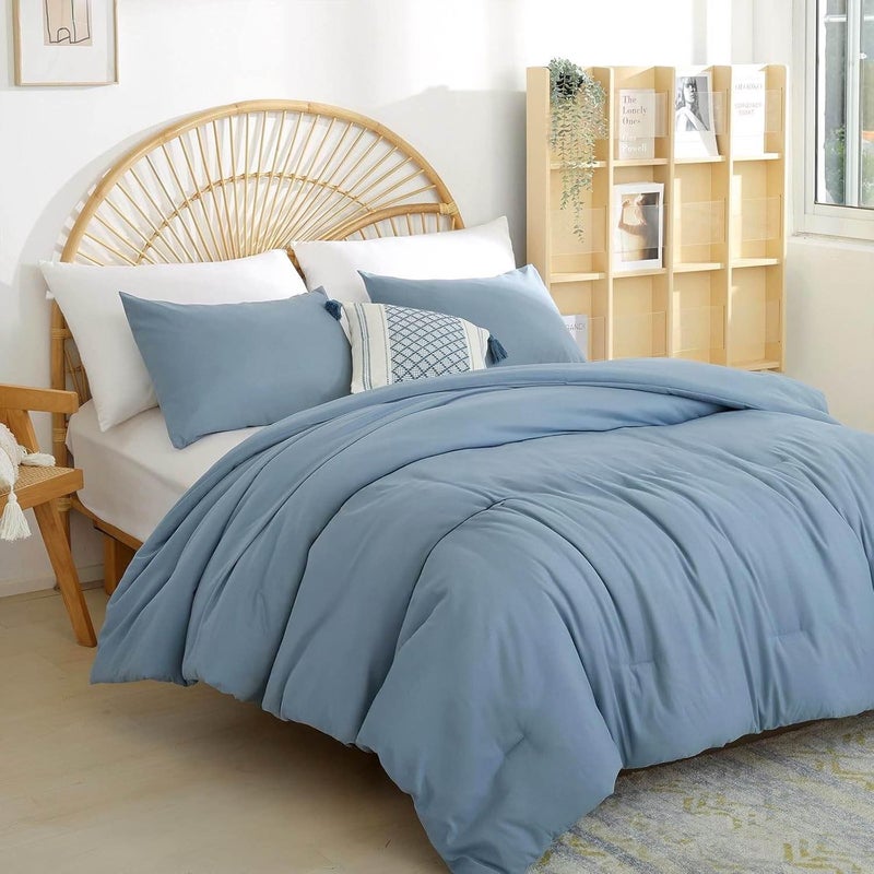 weigelia Dusty Blue Comforter Set King Size - 3 Pieces Lightweight Solid Grayish Blue Bedding Comforter Set - All Season Fluffy Microfiber Bed Set (1 Comforter, 2 Pillowcases) - Image 2