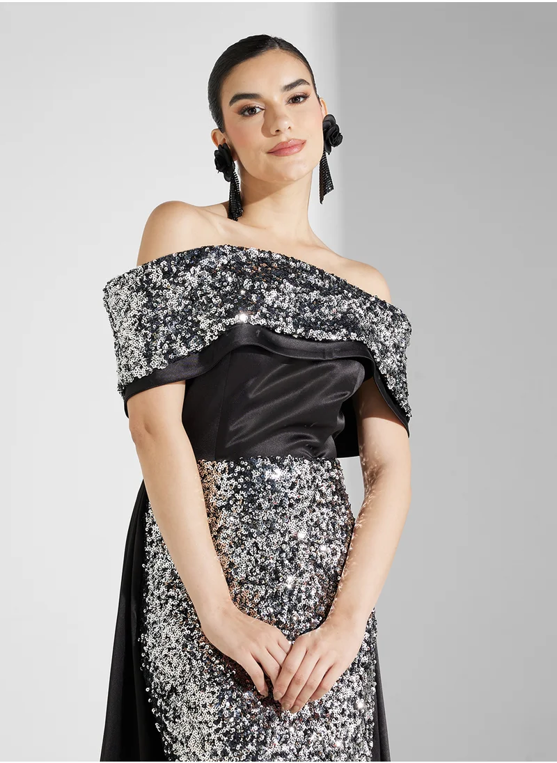 Namshi x Sequin Embellished Off Shoulder Evening Gown