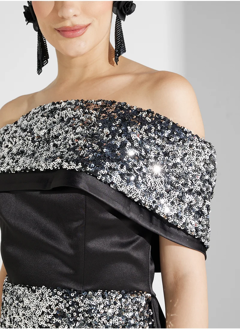 Namshi x Sequin Embellished Off Shoulder Evening Gown