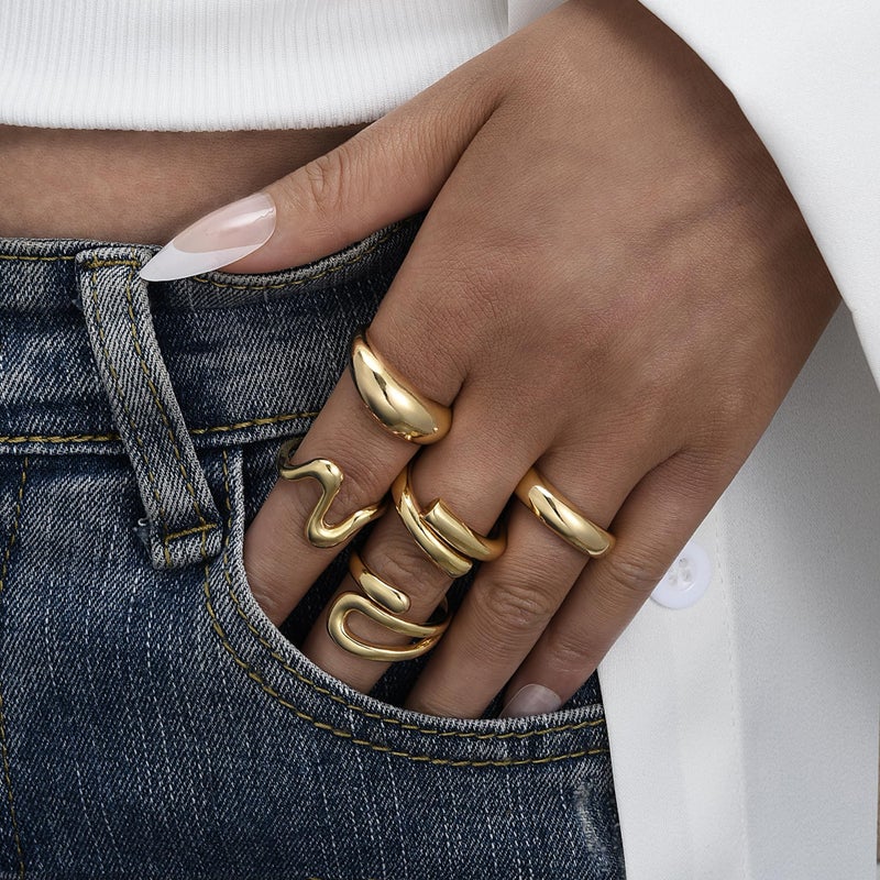 YEEZII Chunky Gold Rings for Women Non Tarnish, 18K Gold Plated Stackable Thumb Ring, Statement Women Rings Set (Gold-B-14k) - Image 5