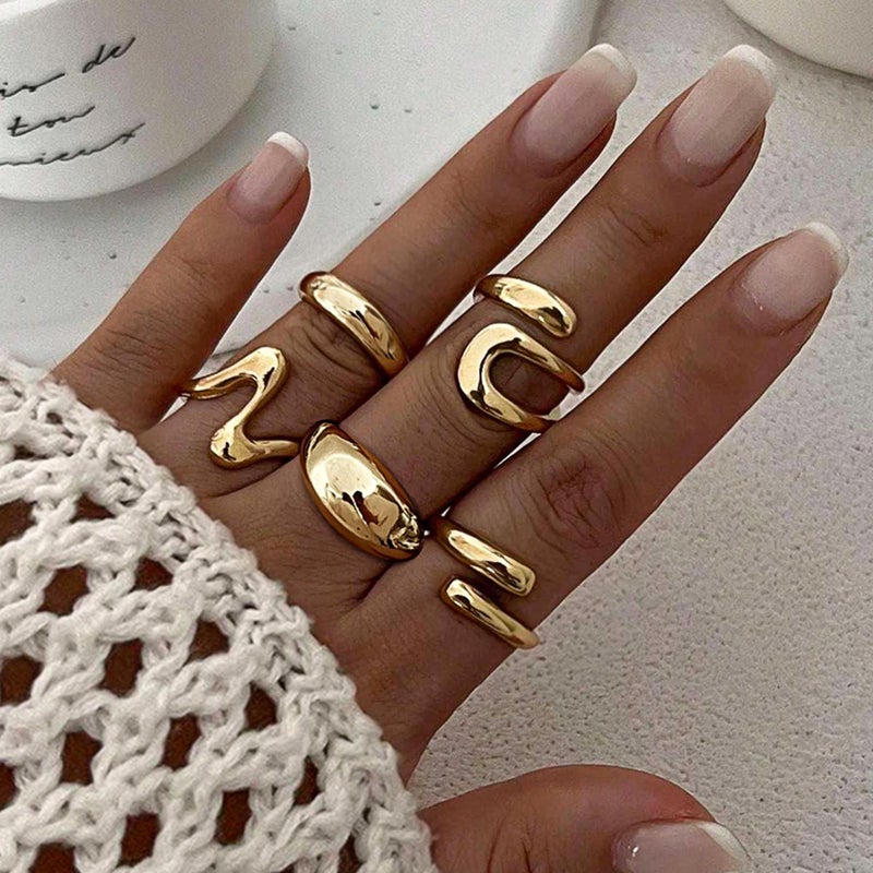 YEEZII Chunky Gold Rings for Women Non Tarnish, 18K Gold Plated Stackable Thumb Ring, Statement Women Rings Set (Gold-B-14k) - Image 2