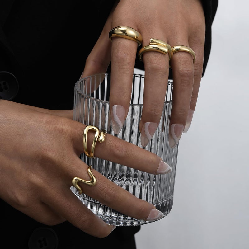 YEEZII Chunky Gold Rings for Women Non Tarnish, 18K Gold Plated Stackable Thumb Ring, Statement Women Rings Set (Gold-B-14k) - Image 3