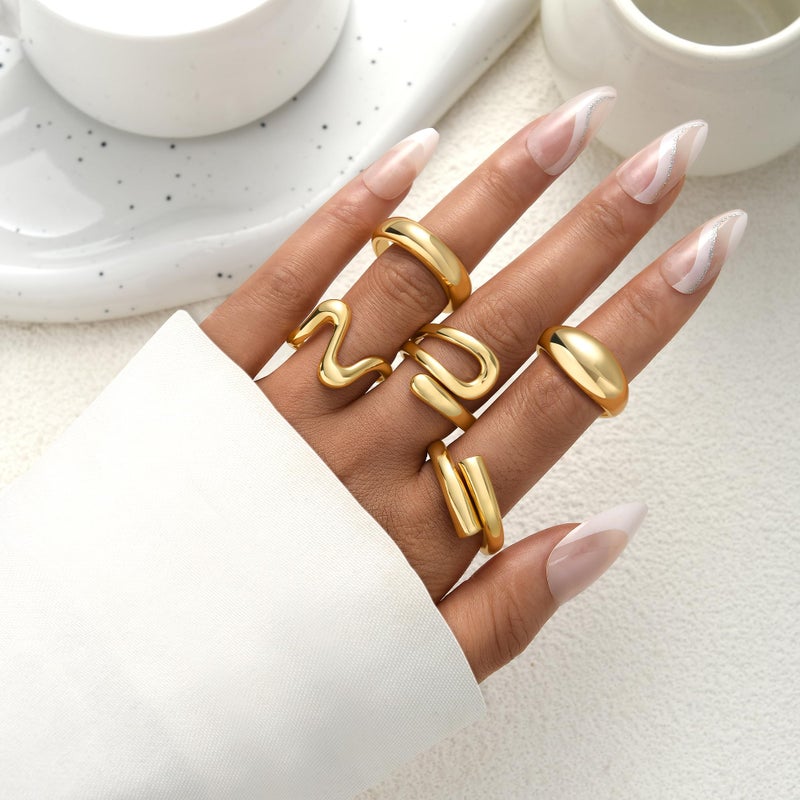 YEEZII Chunky Gold Rings for Women Non Tarnish, 18K Gold Plated Stackable Thumb Ring, Statement Women Rings Set (Gold-B-14k) - Image 4
