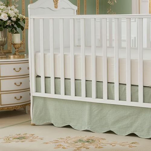 Brandream Scallop Edge Cotton Crib Skirt Baby Boy Baby Girl Gender Neutral Crib Skirt Toddler Bedskirt Farmhouse Chic Nursery Crib Bed Skirt Boho Bohemian Solid Green Gingham - Image 3