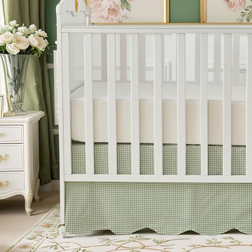 Brandream Scallop Edge Cotton Crib Skirt Baby Boy Baby Girl Gender Neutral Crib Skirt Toddler Bedskirt Farmhouse Chic Nursery Crib Bed Skirt Boho Bohemian Solid Green Gingham - Image 1