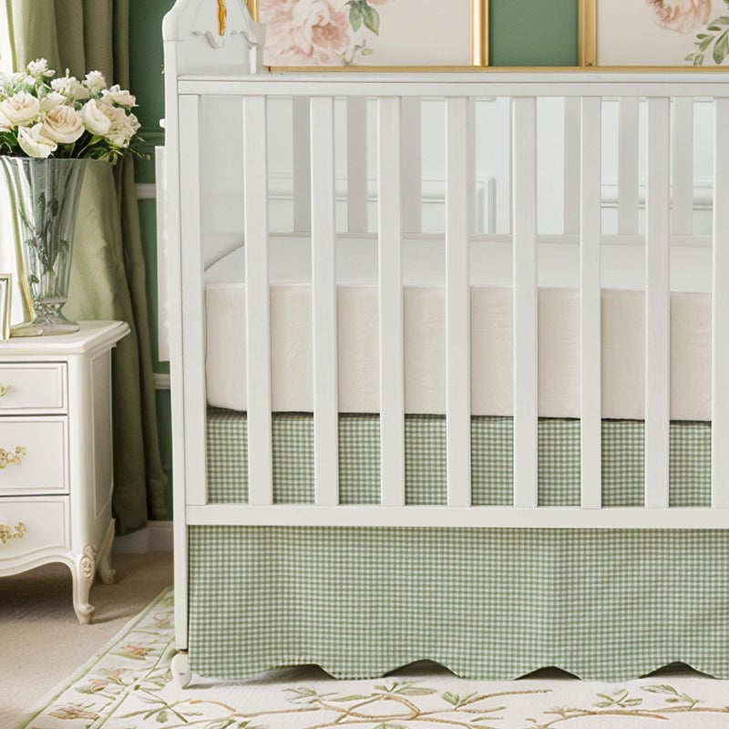 Brandream Scallop Edge Cotton Crib Skirt Baby Boy Baby Girl Gender Neutral Crib Skirt Toddler Bedskirt Farmhouse Chic Nursery Crib Bed Skirt Boho Bohemian Solid Green Gingham - Image 2