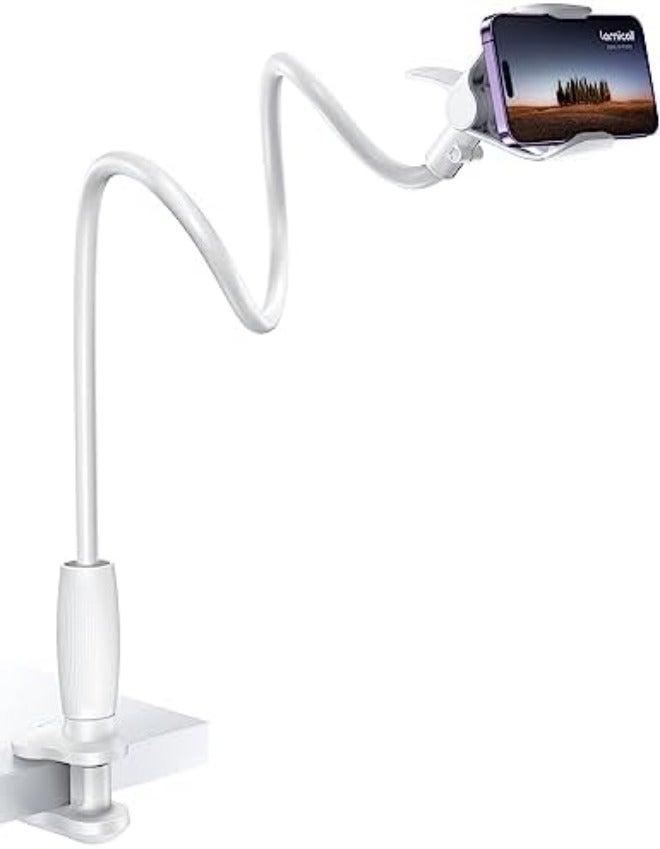 Lamicall Gooseneck Phone Holder for Bed - [Upgraded Stable Clip] for Desk, Headboard, Bed, Bedside, Table, Flexible Gooseneck Long Arm Stand, Overhead Cell Phone Clamp Mount, Gift for All 4-7” Device - Image 1