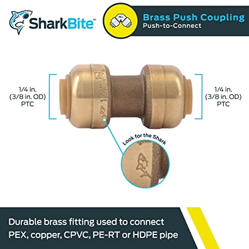 SharkBite 1/4 inch Coupling, Push to Connect Brass Plumbing Fitting, PEX Pipe, Copper, CPVC, PE-RT, HDPE, U004LFA - Image 2