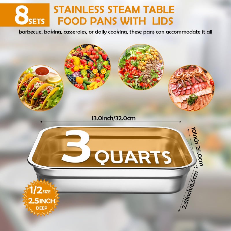 Suttmin 8 Pcs 304 Stainless Steel Food Storage Containers with Lids Hotel Pans Chicken Food Grade Pans Metal Meal Containers for Restaurant Stackable Kitchen Freezer Buffet (2.6 Inch Deep) - Image 2