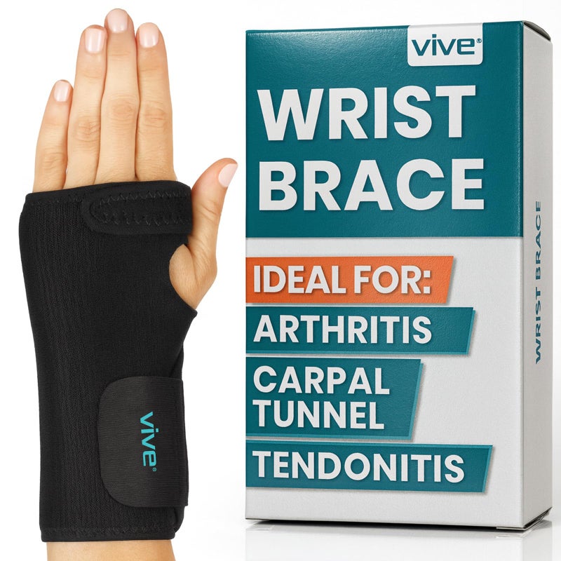 Vive Wrist Brace Carpal Tunnel Hand Compression Support Wrap for Men Women Tendinitis Bowling Sports Injuries Pain Relief Removable Splint Universal Ergonomic Fit Black Left
