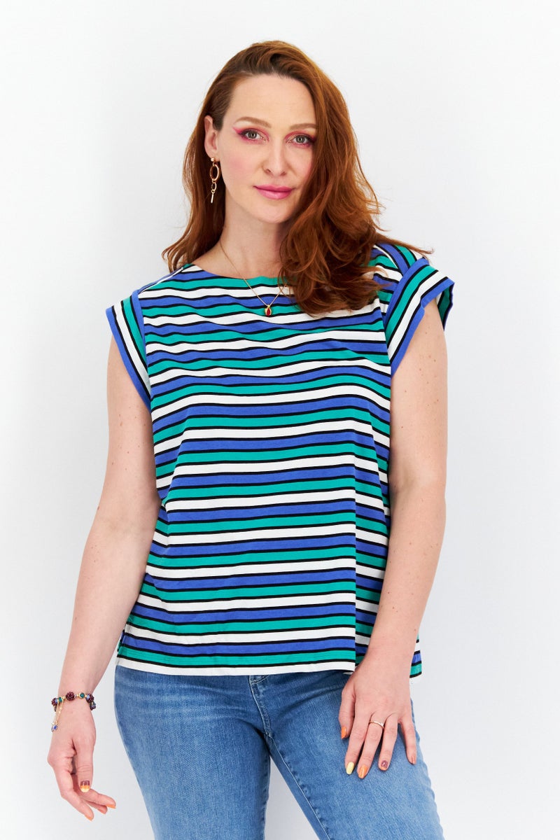 ANNE KLEIN Women Plus Size Boat Neck Cap Sleeve Stripe Top, Blue - Image 1