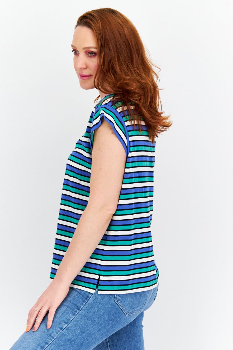 ANNE KLEIN Women Plus Size Boat Neck Cap Sleeve Stripe Top, Blue - Image 4