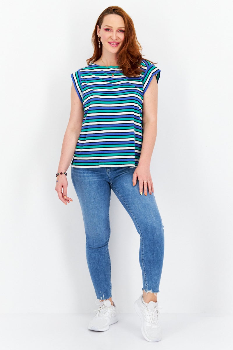 ANNE KLEIN Women Plus Size Boat Neck Cap Sleeve Stripe Top, Blue - Image 2