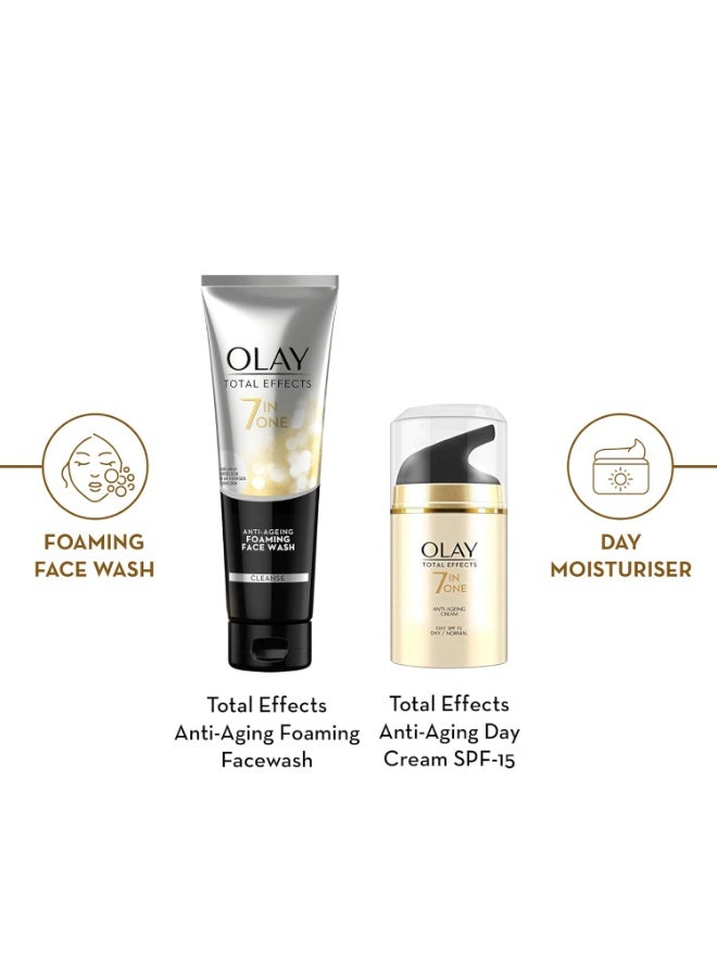 كريم نهاري من توتال إفيكتس مع عامل حماية من الشمس 15 50 جم بالإضافة إلى منظف 100 جم يحارب 7 علامات للشيخوخة مع النياسيناميد ومستخلص الشاي الأخضر للبشرة العادية والدهنية والجافة والمختلطة عبوة من قطعتين - Image 4