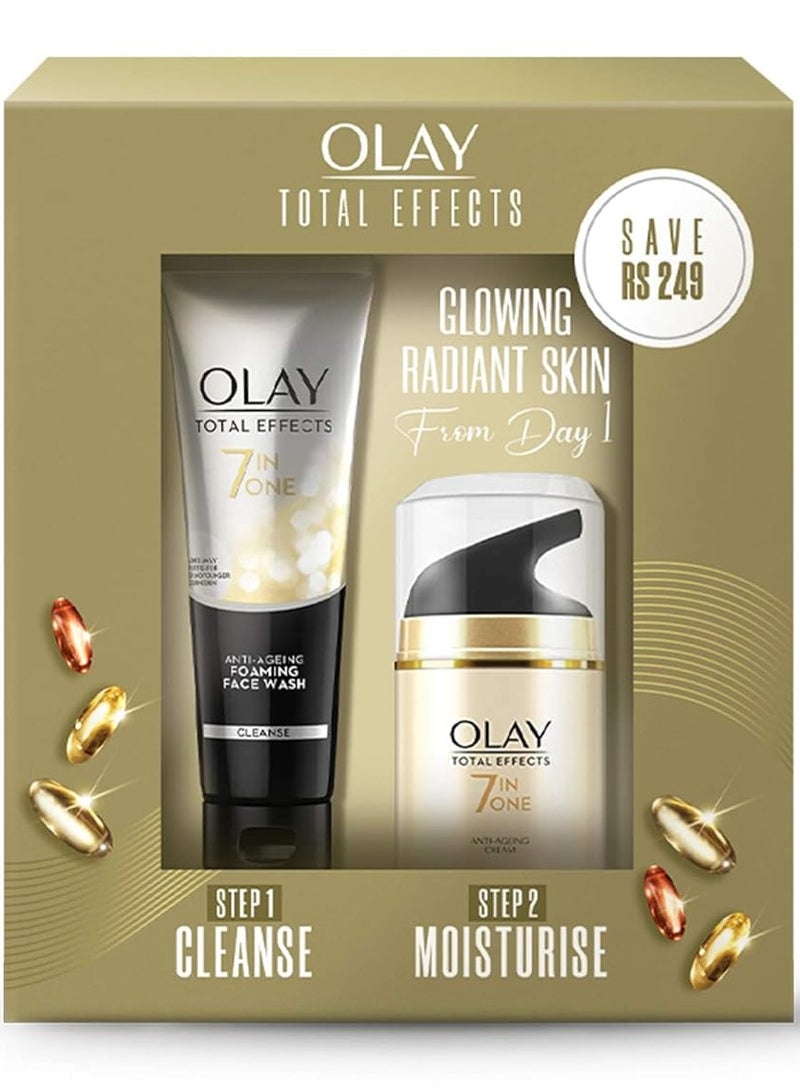 كريم نهاري من توتال إفيكتس مع عامل حماية من الشمس 15 50 جم بالإضافة إلى منظف 100 جم يحارب 7 علامات للشيخوخة مع النياسيناميد ومستخلص الشاي الأخضر للبشرة العادية والدهنية والجافة والمختلطة عبوة من قطعتين - Image 1