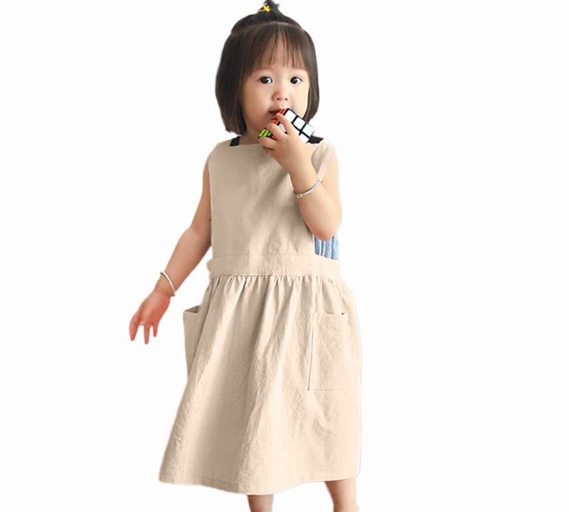losofar Children Cotton Apron Japanese Style Bib Home Clothes Painting Soft Comfort Pinafore Apron for Girls Boys (khaki, 23.2"x25.9") - Image 1