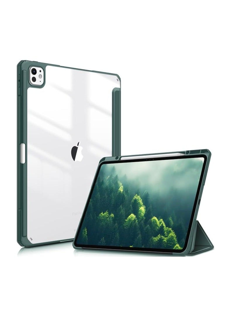 Hybrid Case Compatible with iPad Pro 13 inch 2024 (M4), [Built-in Pencil Holder] Shockproof Cover w/Clear Transparent Back Shell, Auto Wake/Sleep, Midnight Green