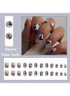 Short Square Press On Nails Squoval Fake Nails Glossy Glue On Nails White Line Acrylic Nails Blue Black Swirl Artificial Nails Bling Sliver Glitter Stick On False Nails With Design 24 Pcs - pzsku/ZF164C97B490FC0ABE7F8Z/45/_/1734183110/3c6ea1e8-e815-4b07-abf0-18b923fe1a96